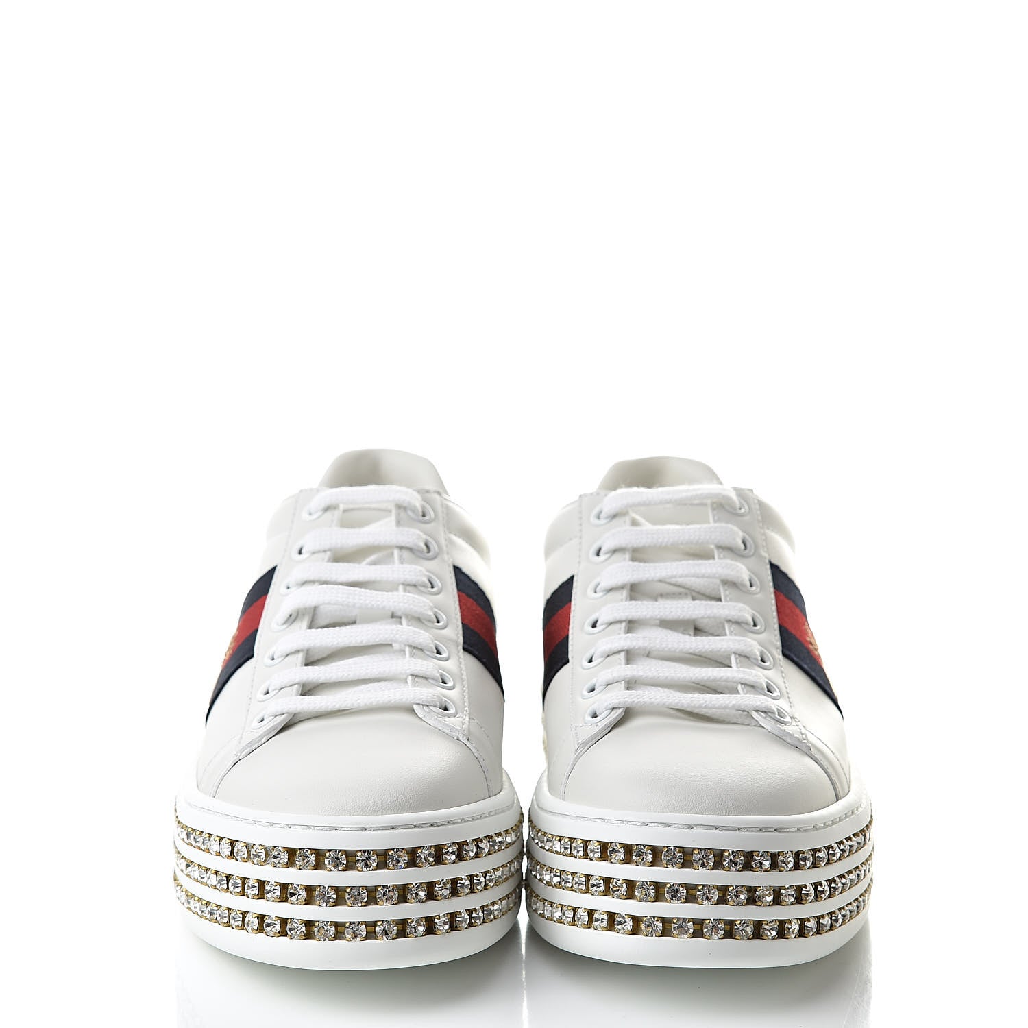 Gucci Calfskin Crystal Web Bee Embroidered Womens Ace Platform Sneakers 35.5 White 2 of 10