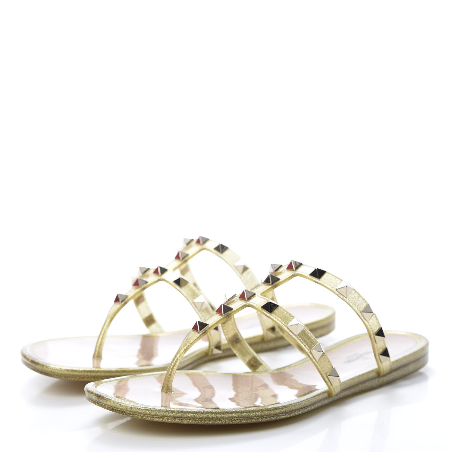 Valentino Garavani PVC Jelly Glitter Rockstud Caged Flat Thong Sandals 38 Oro 3 of 8