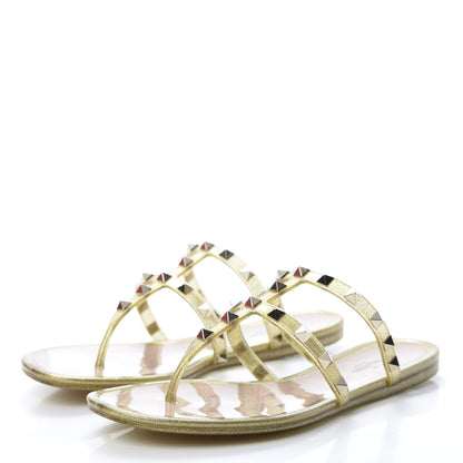 Valentino Garavani PVC Jelly Glitter Rockstud Caged Flat Thong Sandals 38 Oro 3 of 8