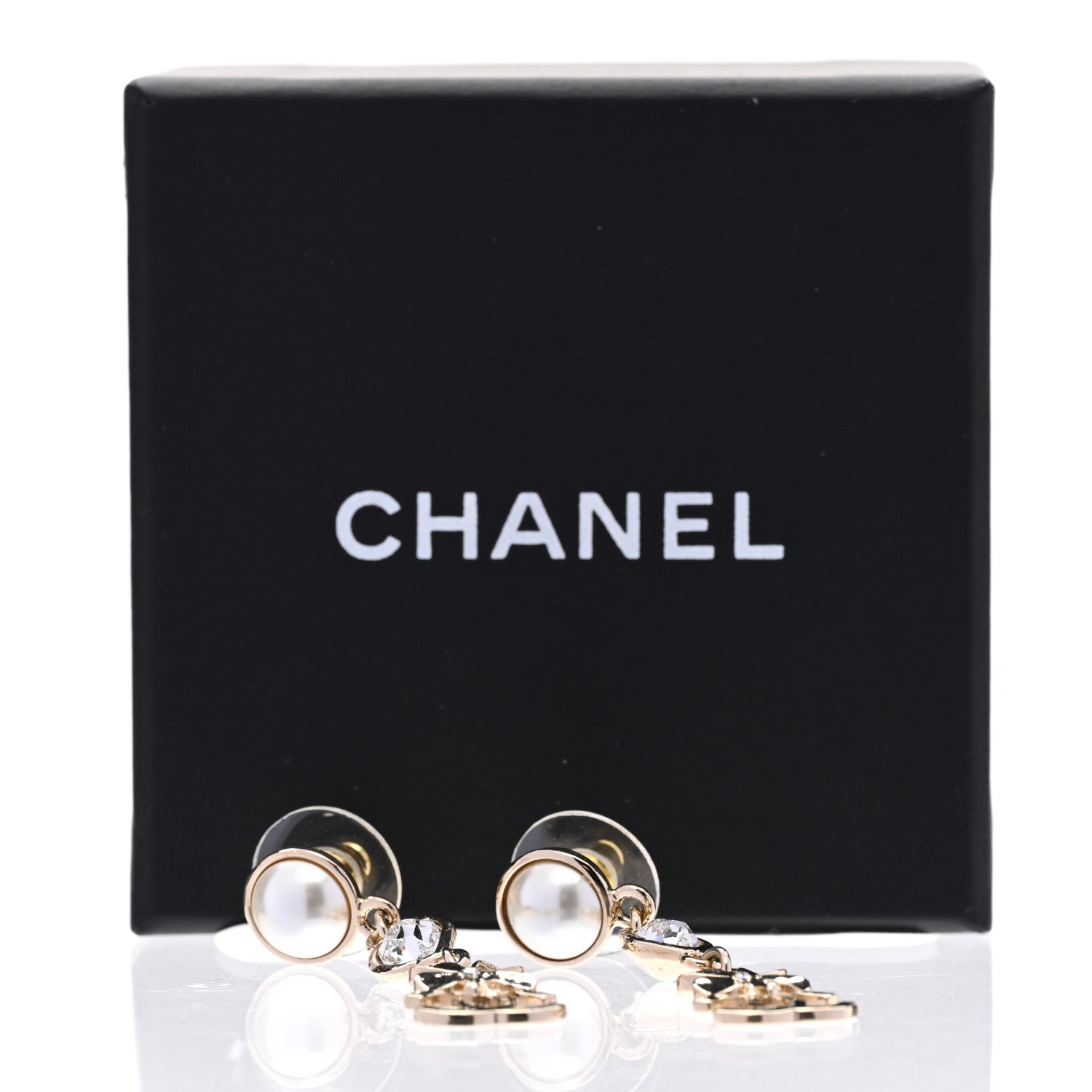 Chanel Crystal Pearl Shamrock CC Heart Drop Earrings Gold 5 of 5