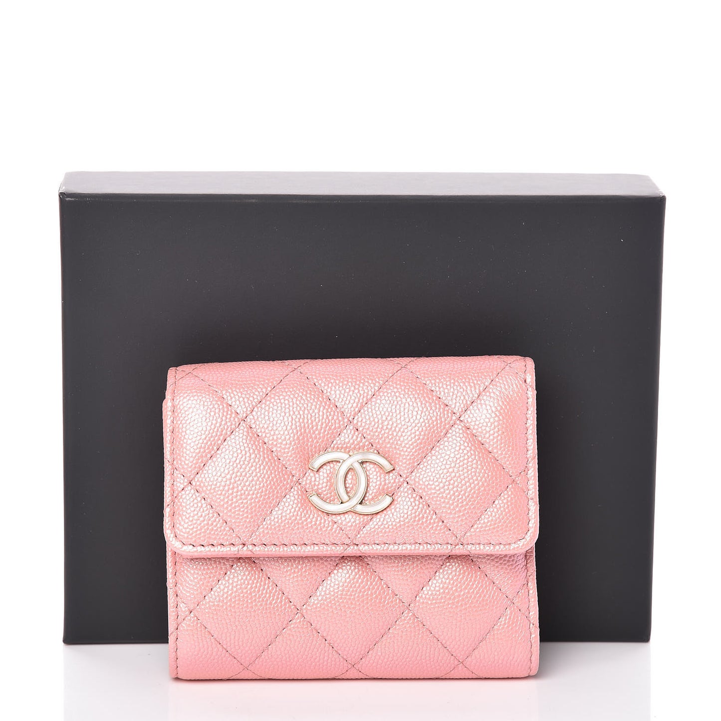 Iridescent Caviar Quilted Small Flap Wallet Rose Pink