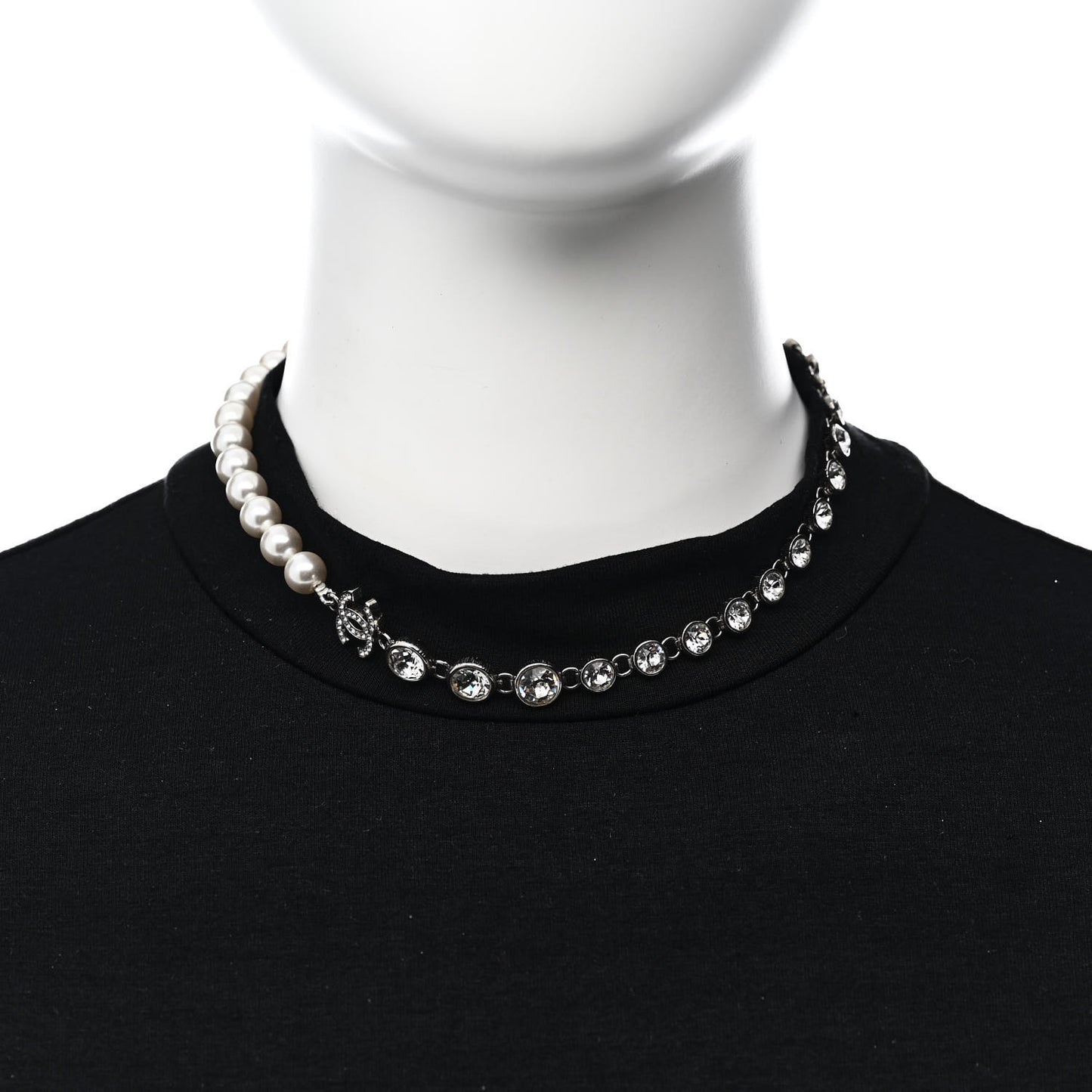 Pearl Crystal CC Choker Necklace Silver
