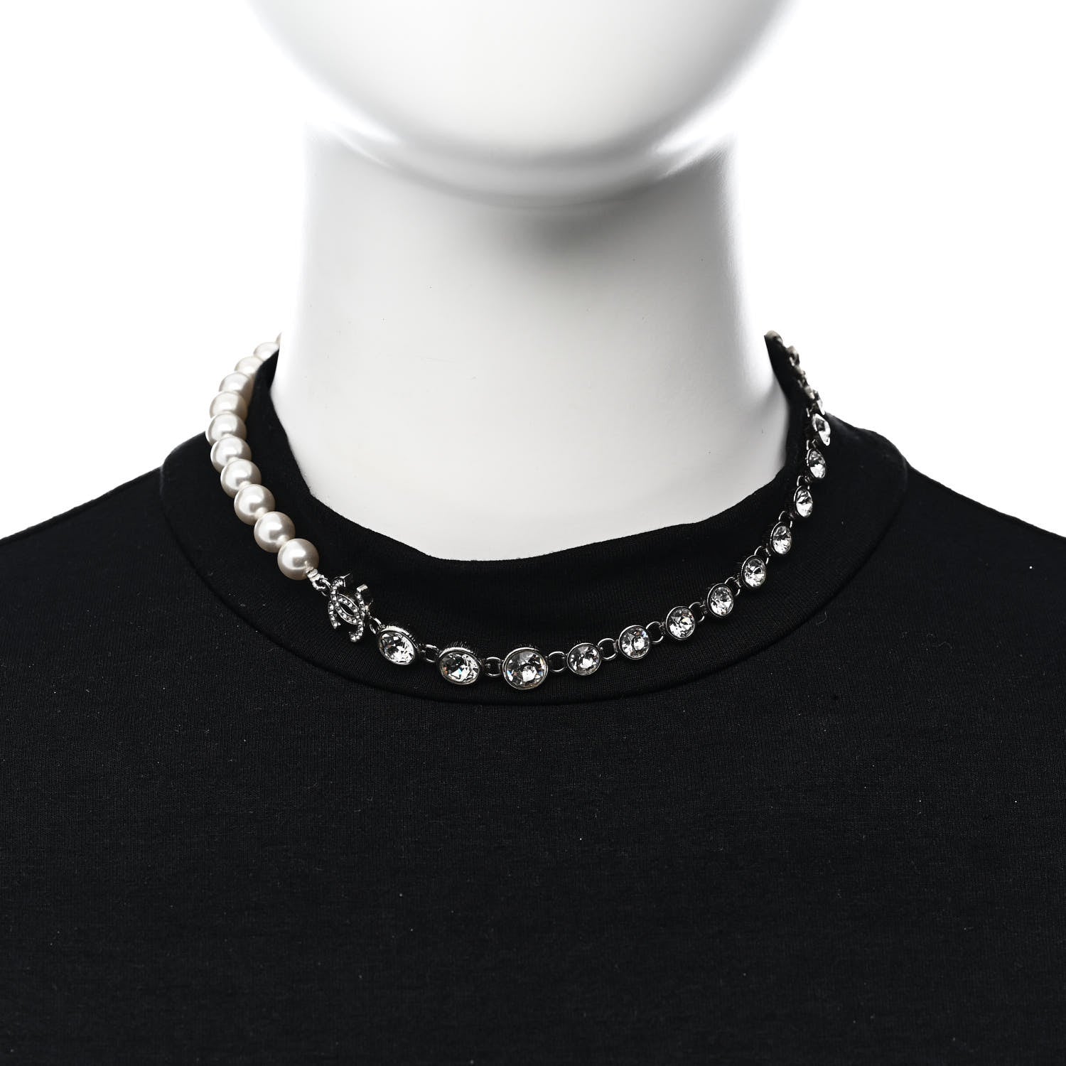 Chanel Pearl Crystal CC Choker Necklace Silver 2 of 6