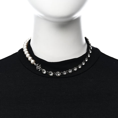 Chanel Pearl Crystal CC Choker Necklace Silver 2 of 6