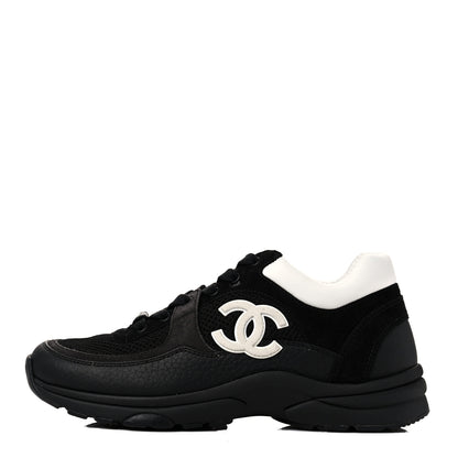 Chanel Mesh Suede Grained Calfskin Womens CC Sneakers 36.5 Black White 1 of 8