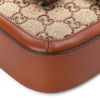 Gucci New Canvas Charisma Calfskin Crystal GG Monogram Mini Horsebit 1955 Shoulder Bag Camel Ebony 12 of 13