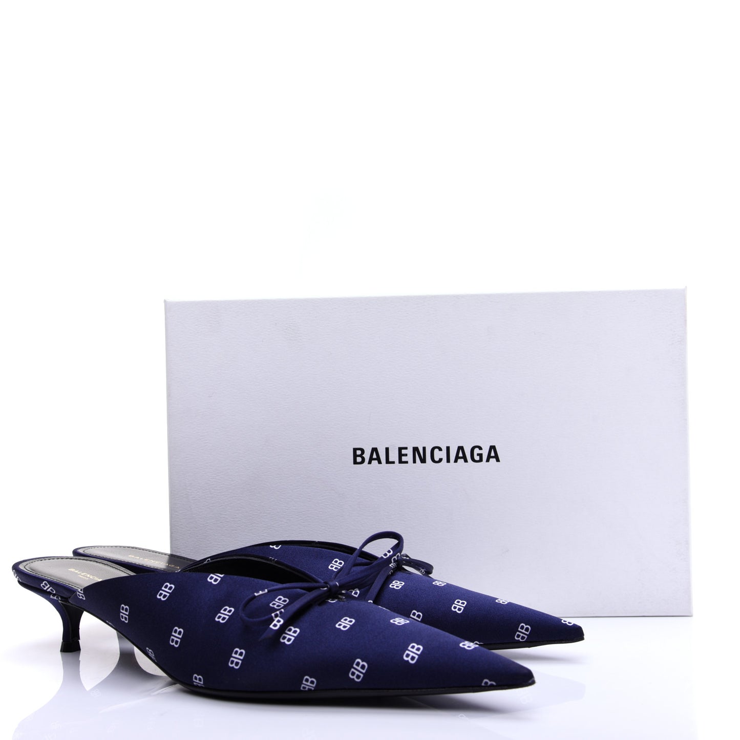 Crepe Satin BB Printed Knife Pointed Toe 40mm Mules 40 Blue White