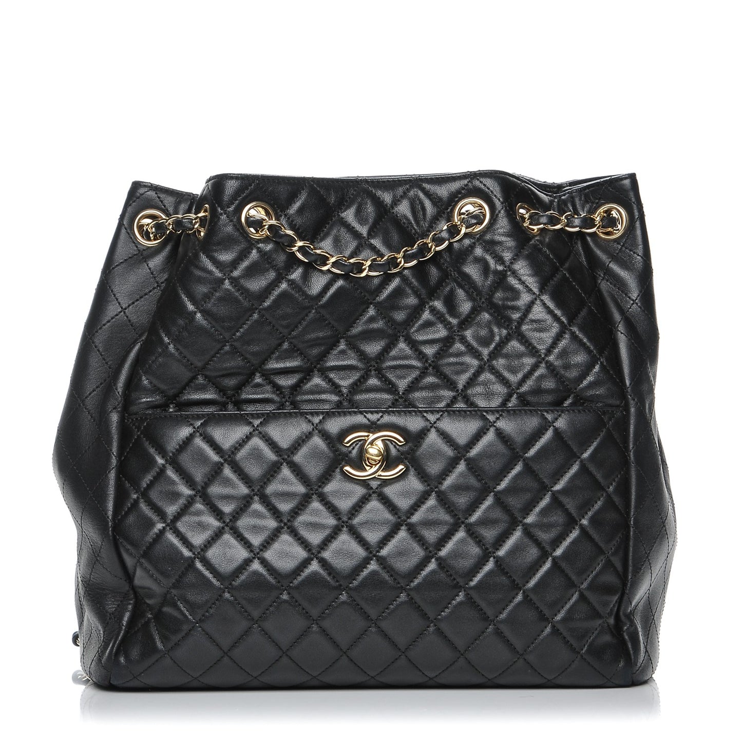 Lambskin Quilted Large Drawstring Bag Black