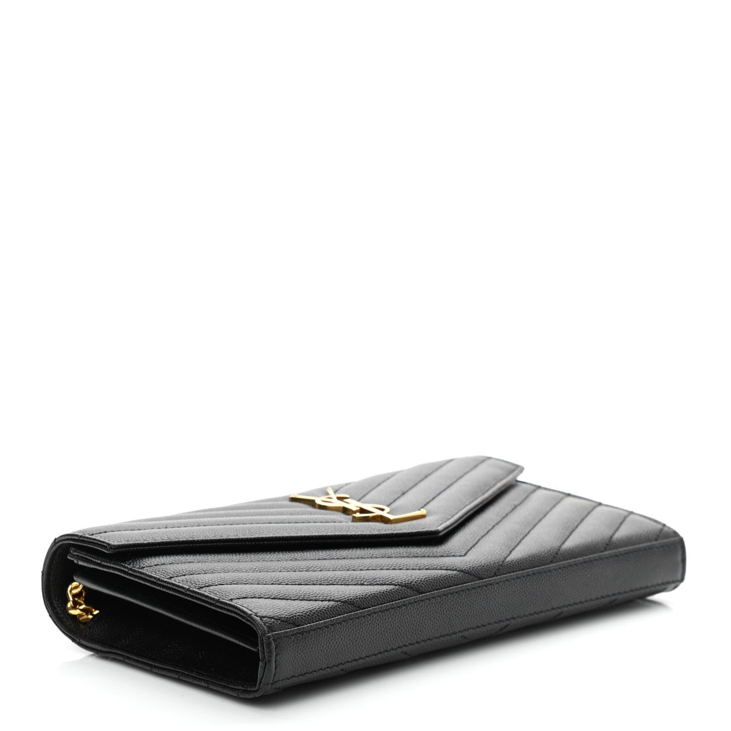 Saint Laurent Grain De Poudre Matelasse Chevron Monogram Chain Wallet Black 4 of 10