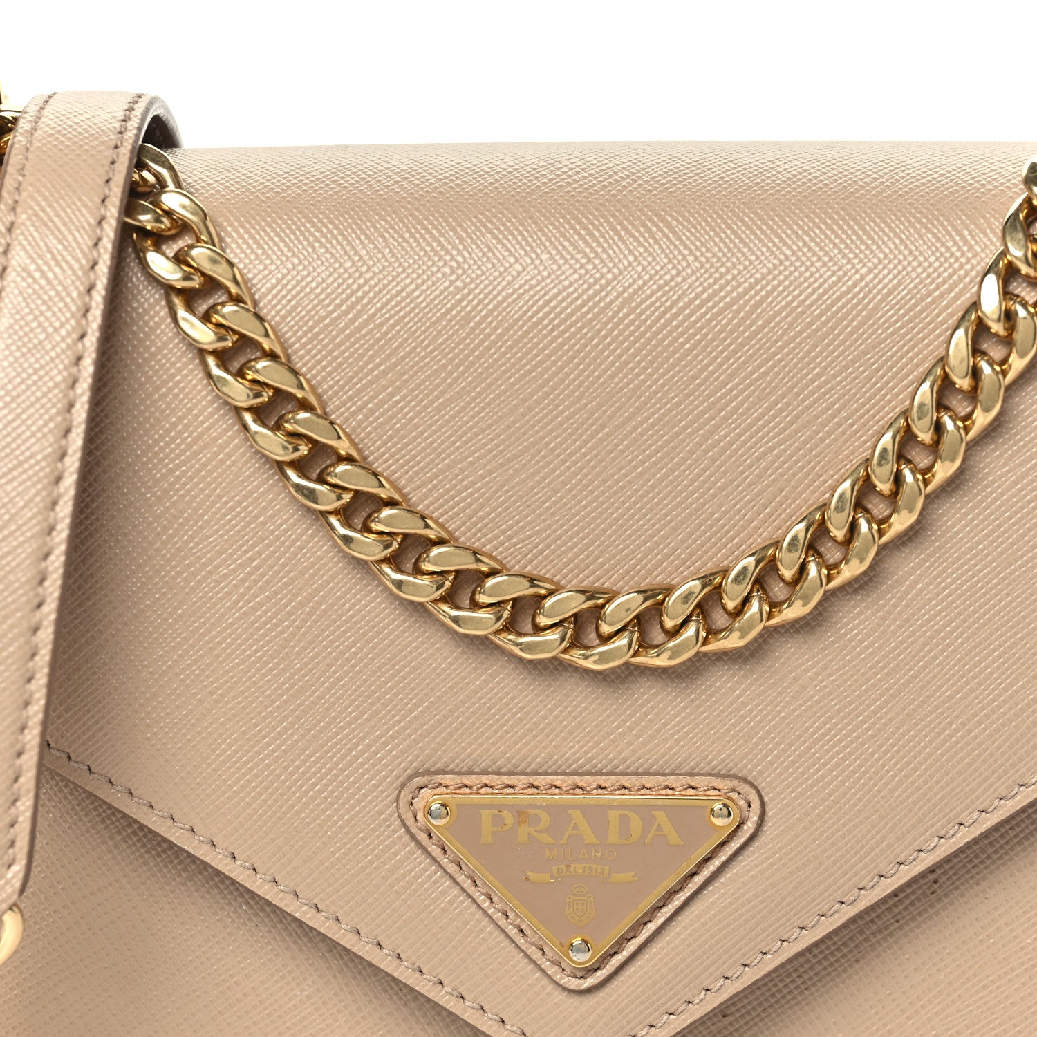 Prada Saffiano Soft Calfskin Metal Triangle Logo Envelope Chain Shoulder Bag Cammeo 8 of 10