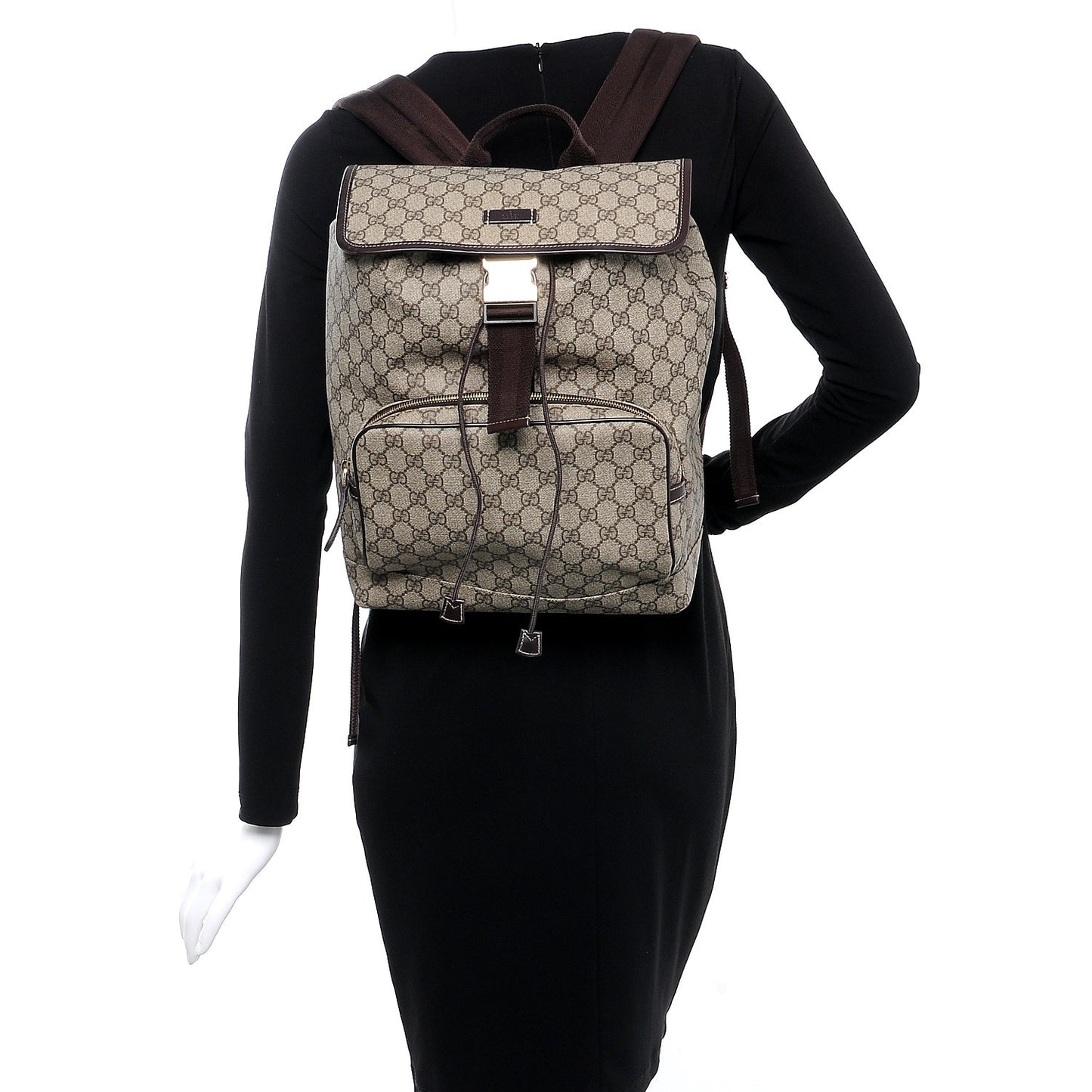 GG Supreme Monogram Medium Single Buckle Rucksack Backpack Beige Ebony Brown