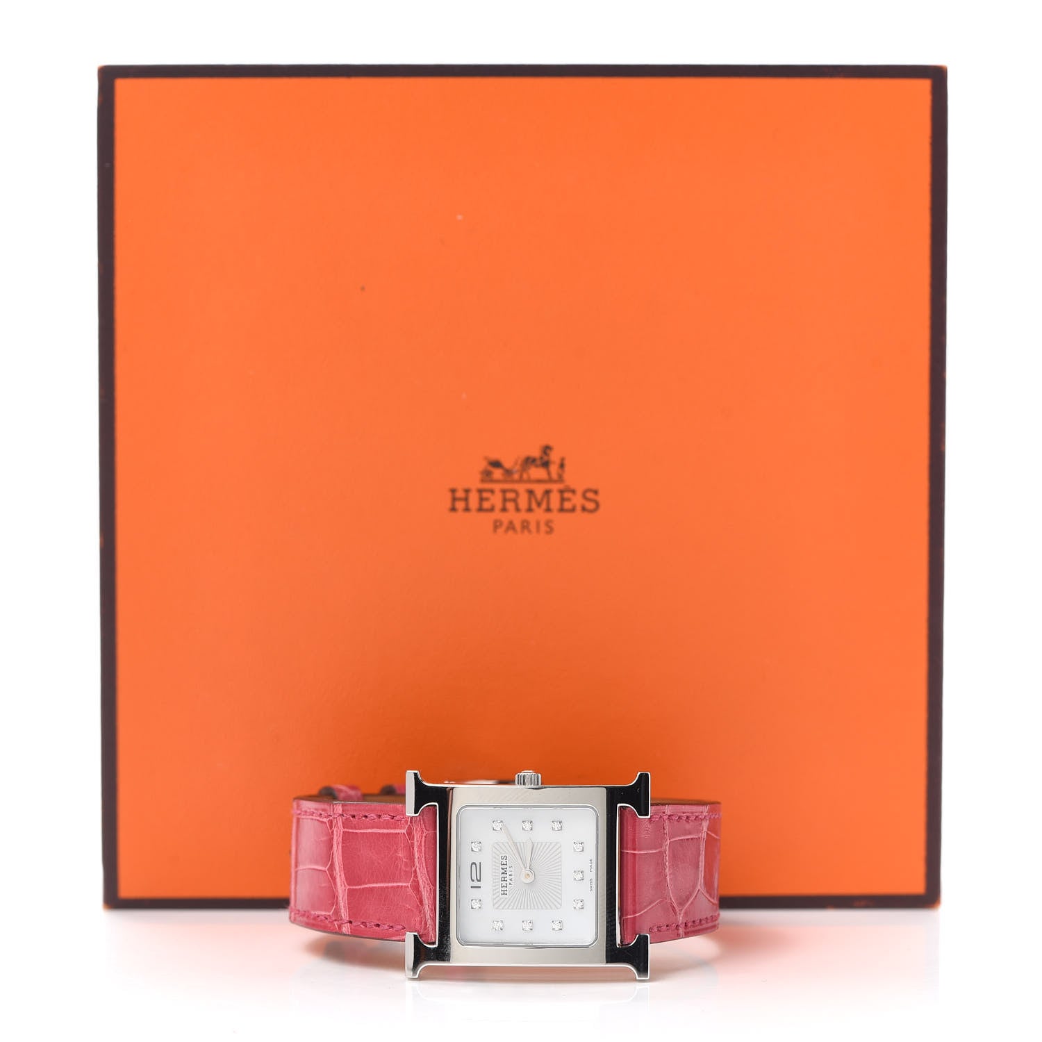 Hermes Stainless Steel Alligator Diamond Mother of Pearl 26mm Heure H Hour Quartz Watch Framboise 5 of 5