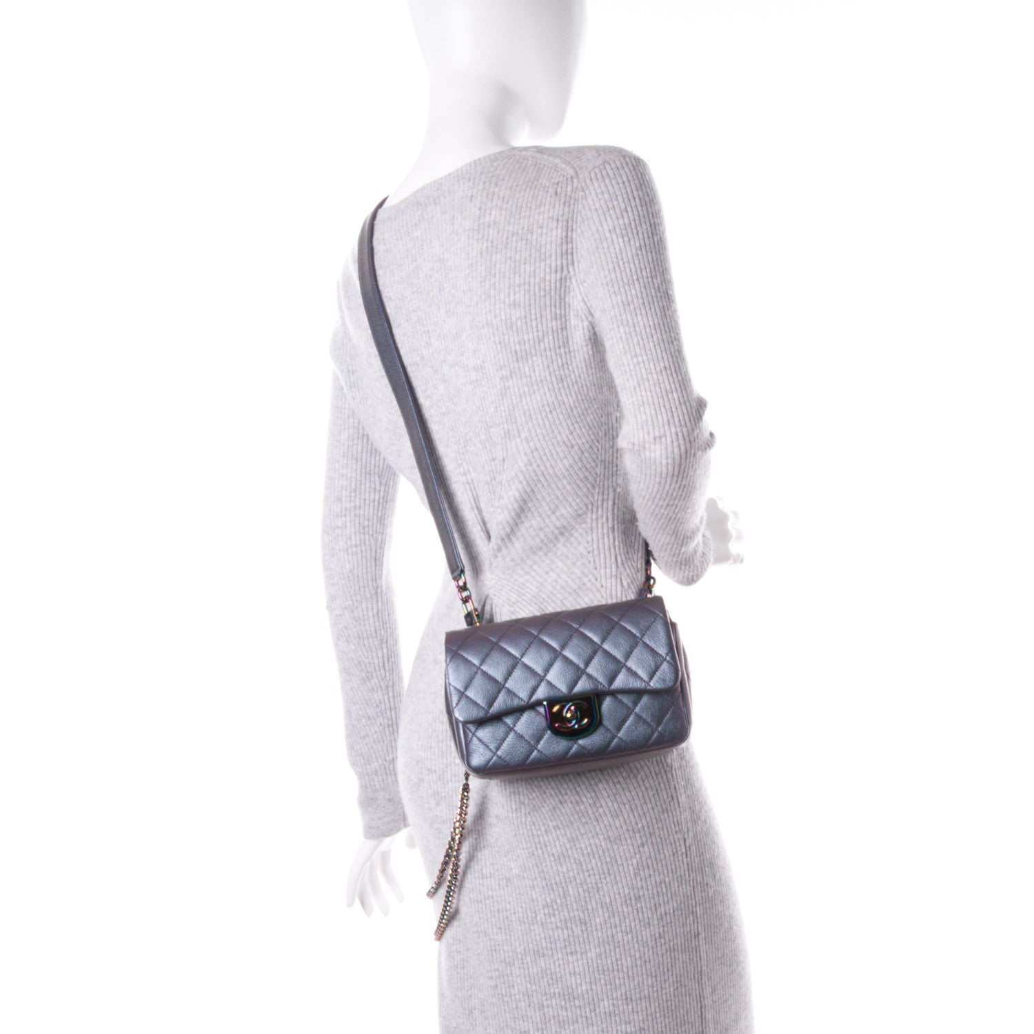 Chanel Iridescent Goatskin Quilted Small Double Carry Waist Chain Flap Purple 2 of 8