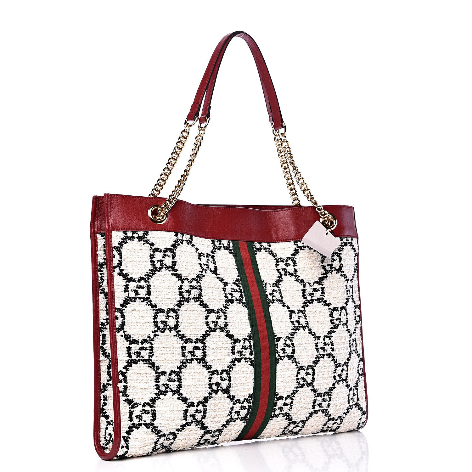 Gucci Tweed GG Monogram Large Rajah Chain Tote White Black Romantic Cherry 3 of 9