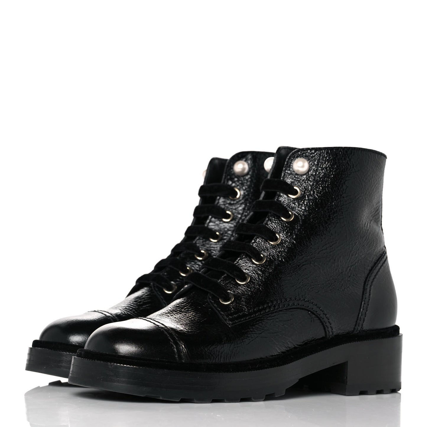 Shiny Calfskin Velvet Pearl Combat Short Boots 39 Black