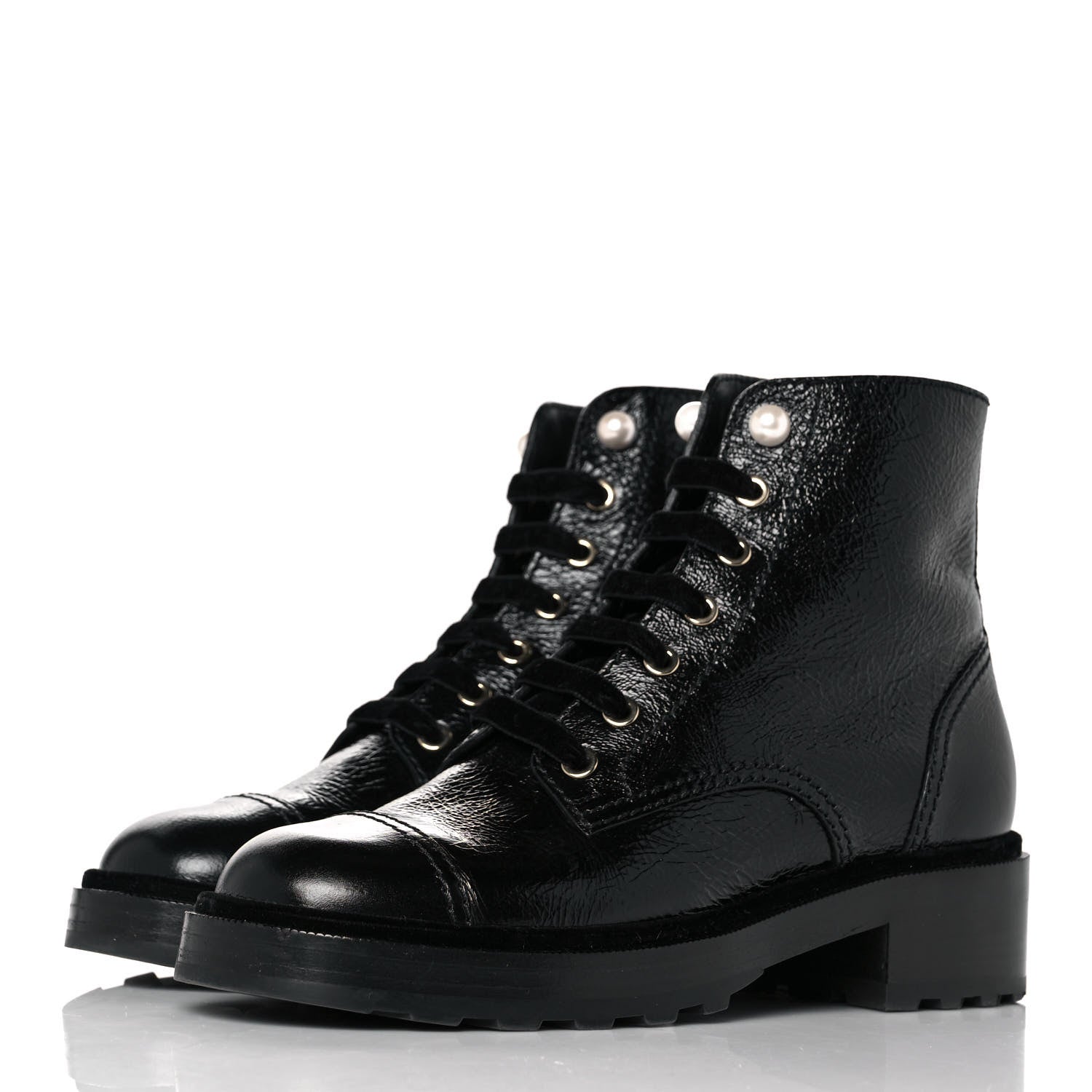 Chanel Shiny Calfskin Velvet Pearl Combat Short Boots 39 Black 3 of 8