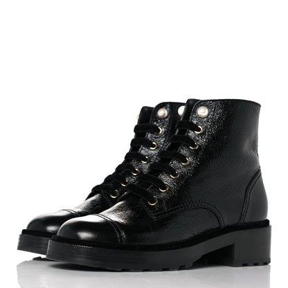 Chanel Shiny Calfskin Velvet Pearl Combat Short Boots 39 Black 3 of 8