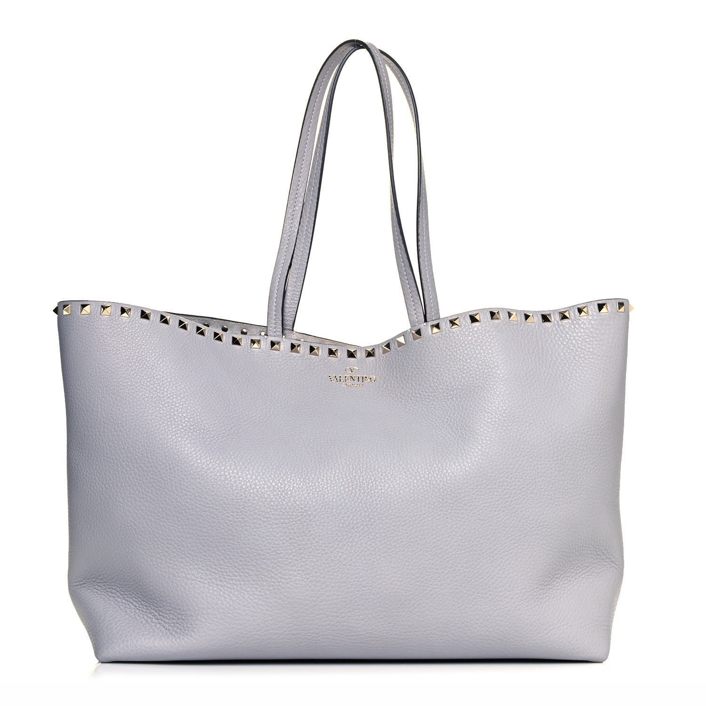 Grained Calfskin Rockstud Shoulder Tote Pastel Grey
