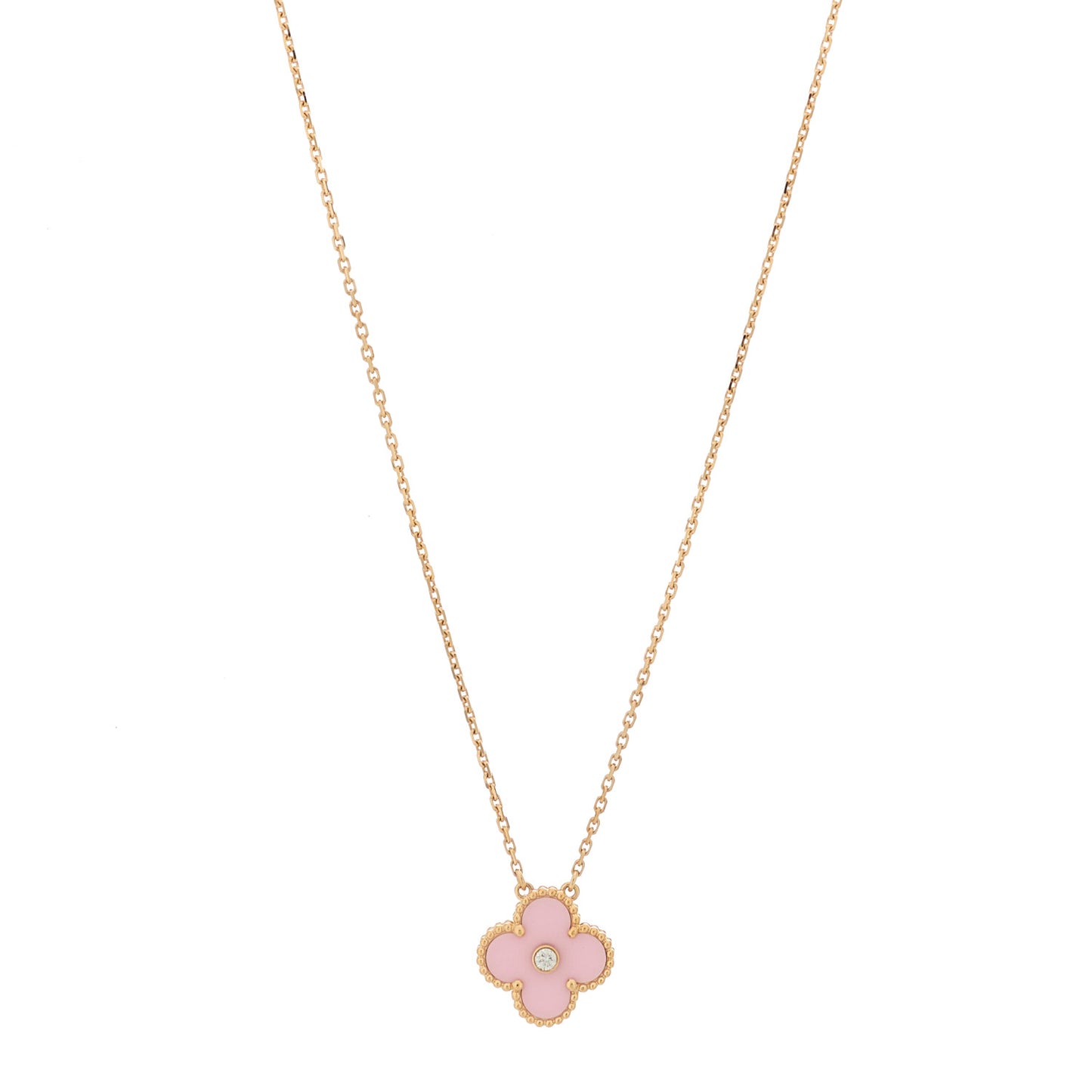 18K Rose Gold Diamond Pink Porcelain Vintage Alhambra Pendant Necklace