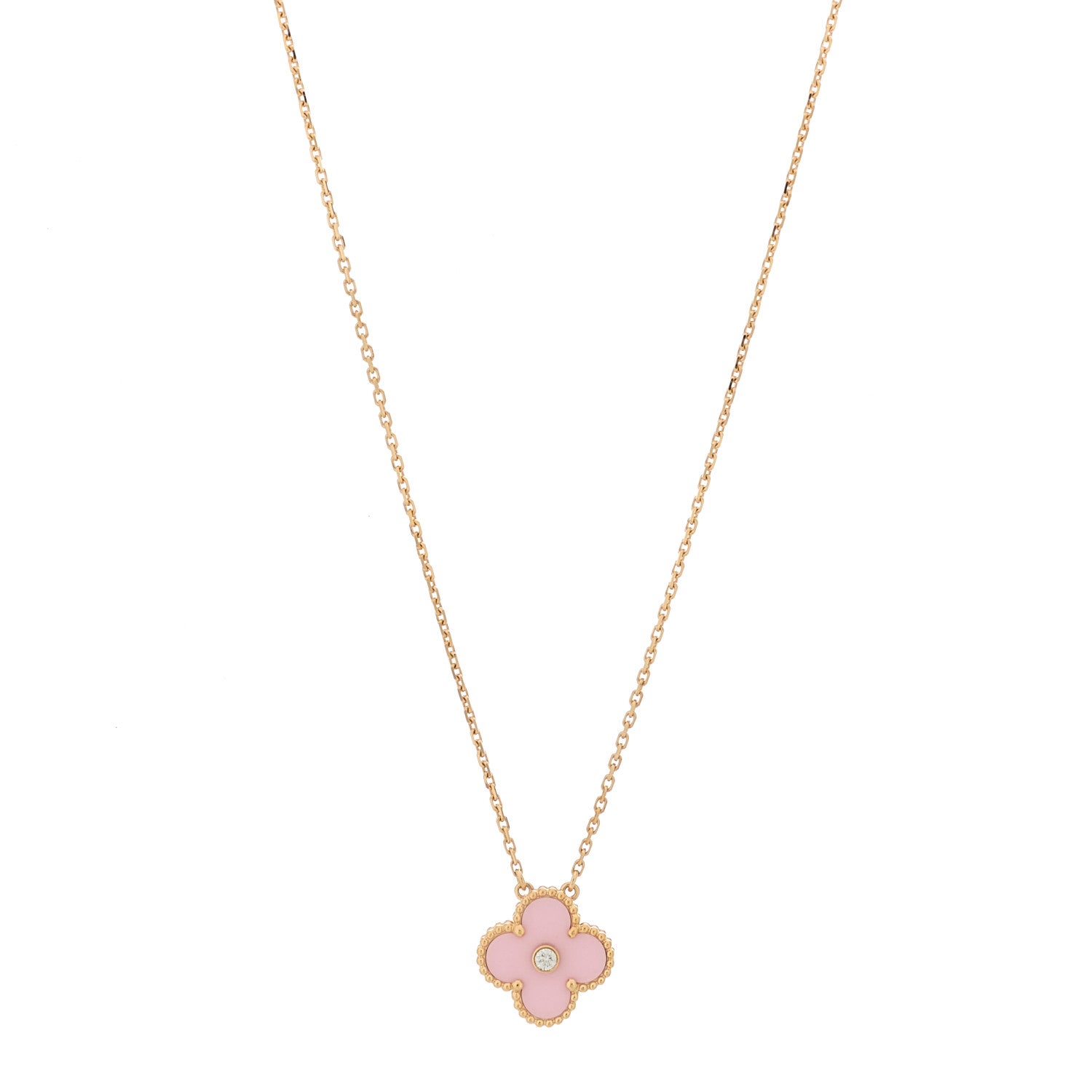 Van Cleef & Arpels 18K Rose Gold Diamond Pink Porcelain Vintage Alhambra Pendant Necklace 1 of 6