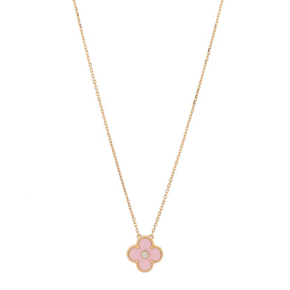 Van Cleef & Arpels 18K Rose Gold Diamond Pink Porcelain Vintage Alhambra Pendant Necklace 1 of 6