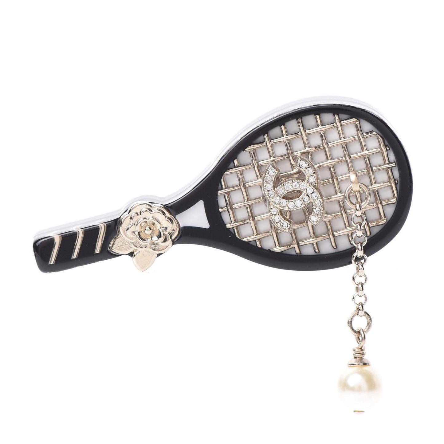 Metal Resin Pearls Strass Tennis Racket Brooch Gold Black Pearly White