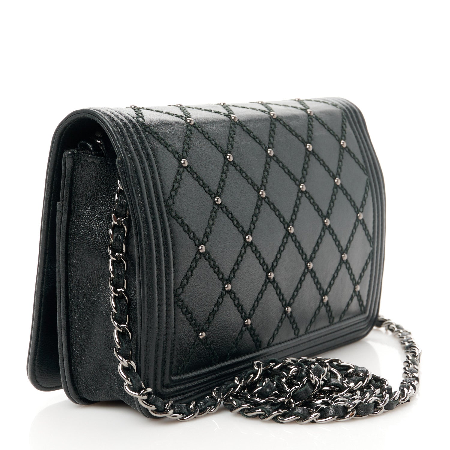 Chanel Calfskin Quilted Studded Boy Wallet On Chain WOC Black 3 of 11