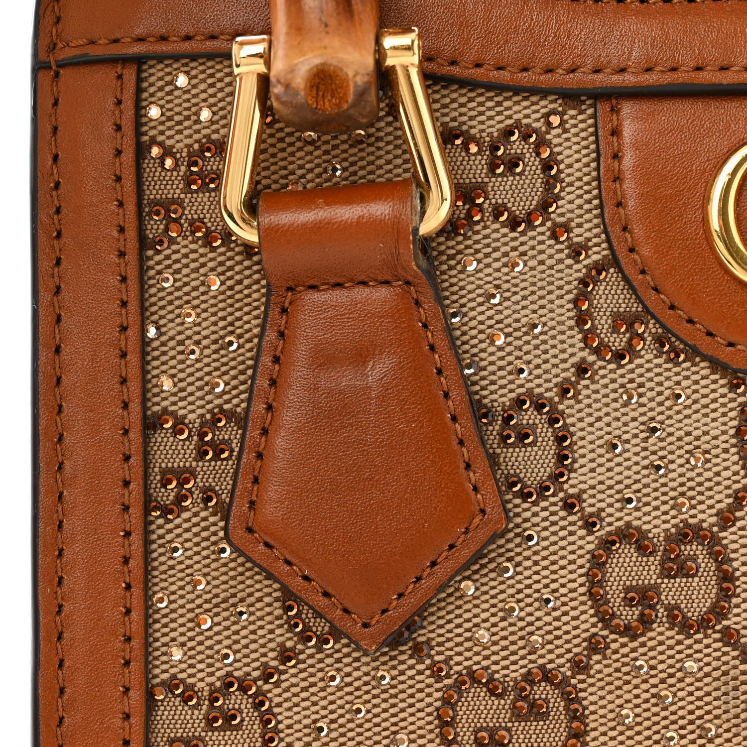 Gucci New Canvas Charisma Calfskin Crystal GG Monogram Mini Diana Tote Bag Camel Ebony 16 of 19