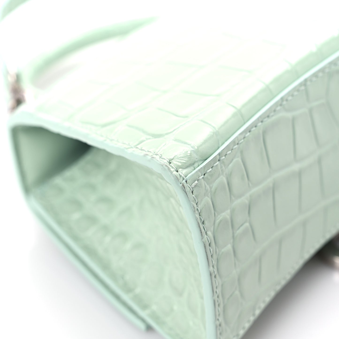Shiny Calfskin Crocodile Embossed Hourglass Top Handle Bag XS Light Green