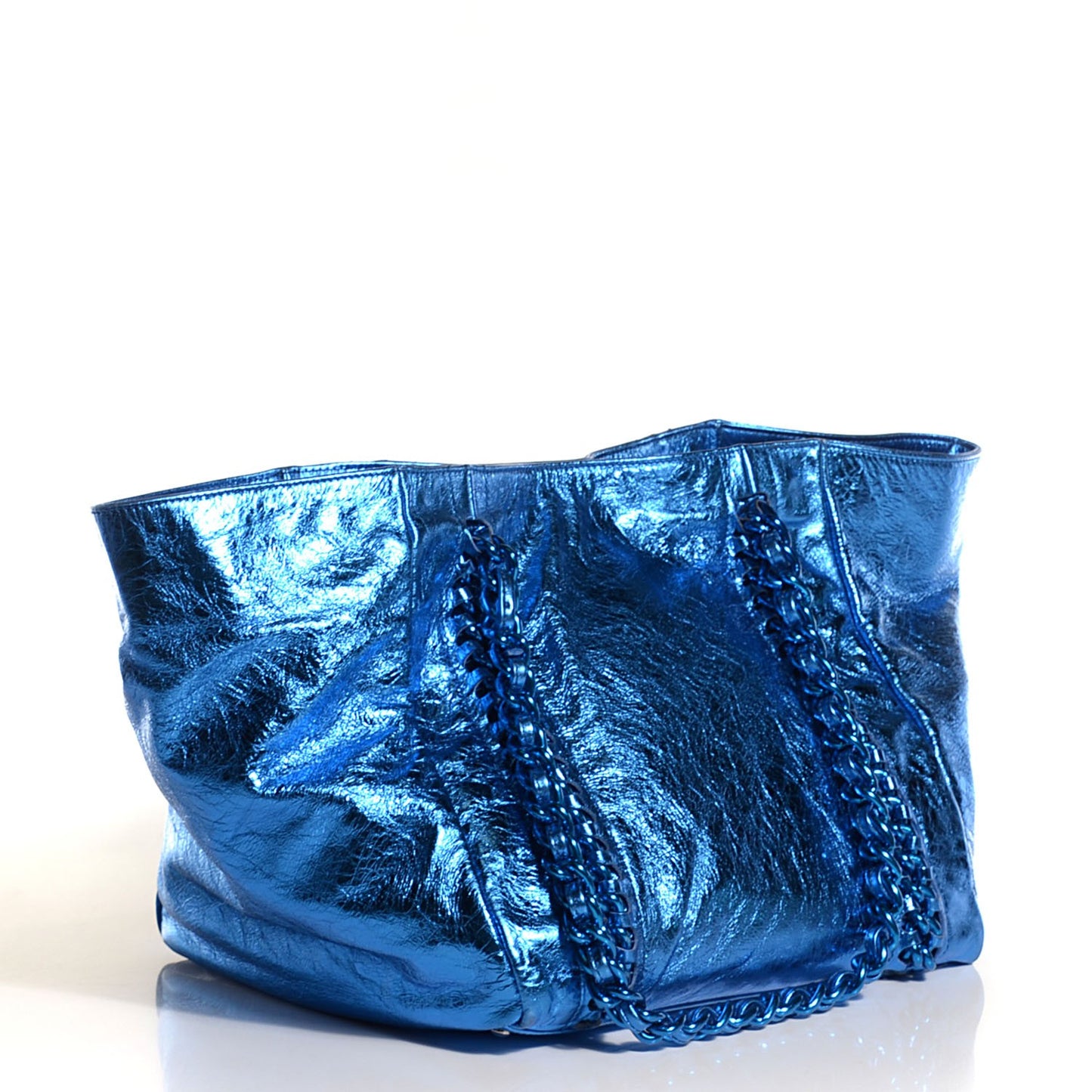 Metallic Cracked Calfskin Modern Chain Tote Blue