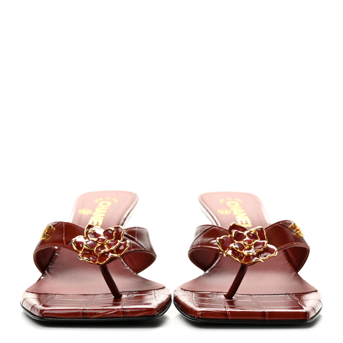 Crocodile Embossed Patent Calfskin Camellia Thong Sandals 38 Dark Red