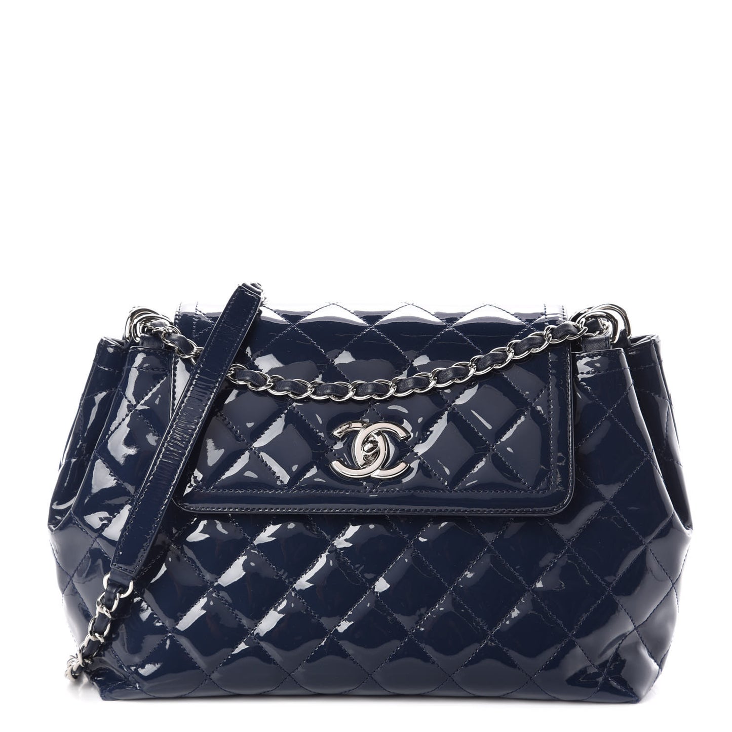 Patent Quilted Large Coco Shine Accordion Flap Dark Navy Blue
