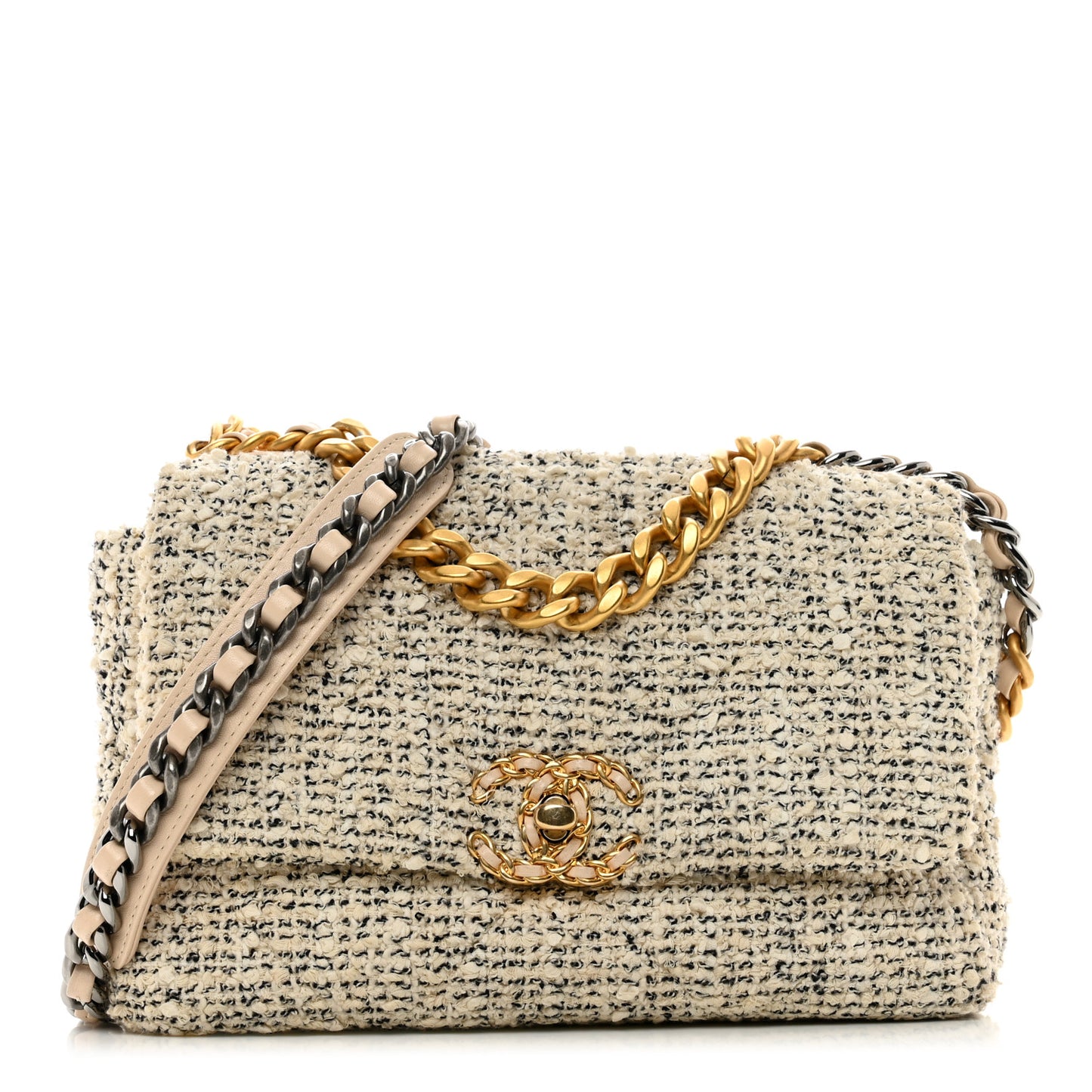 Tweed Quilted Medium Chanel 19 Flap Ecru Black