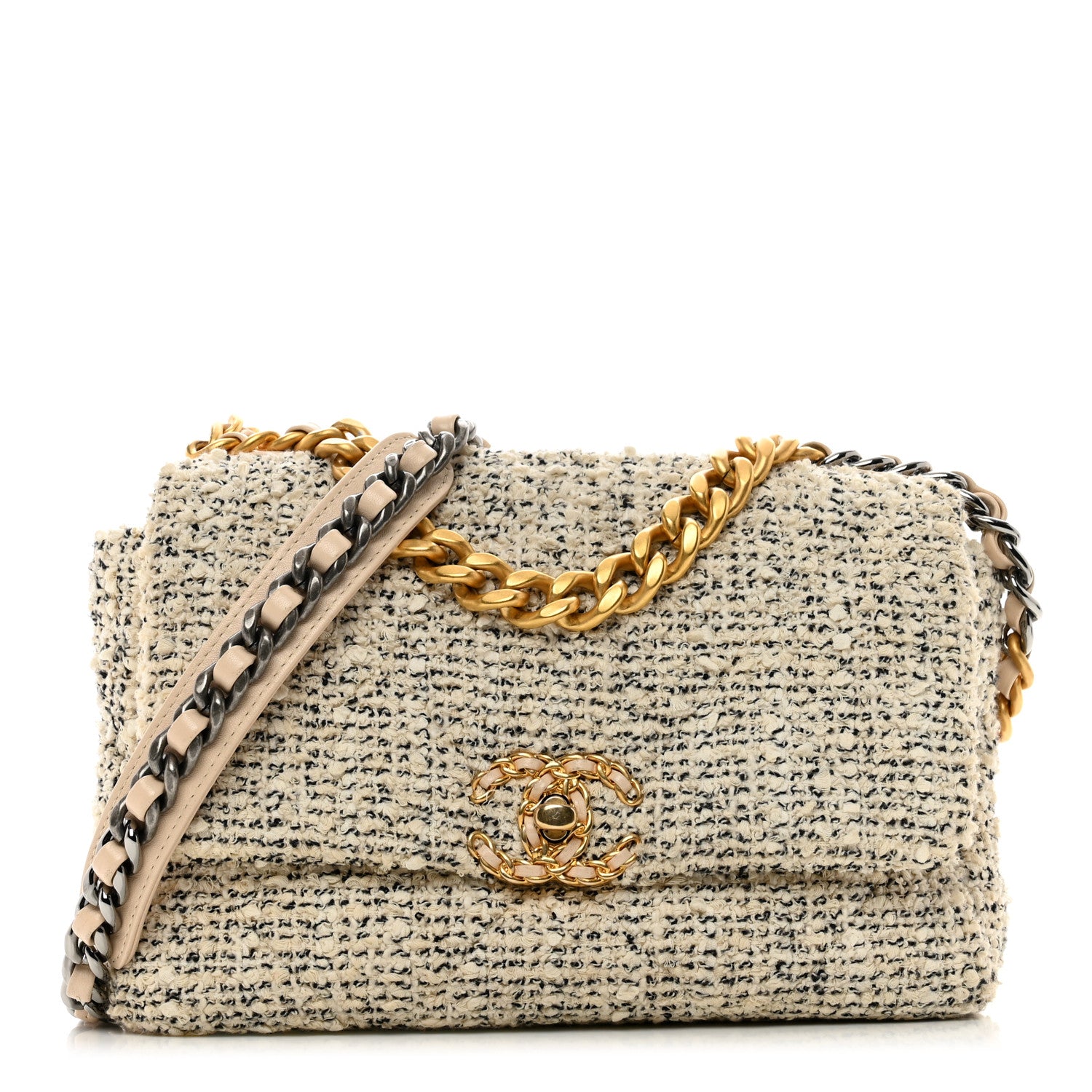 Chanel Tweed Quilted Medium Chanel 19 Flap Ecru Black 1 of 12