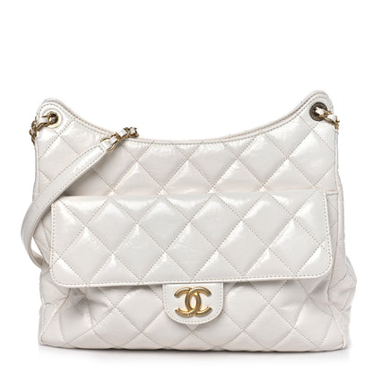 Chanel Shiny Crumpled Calfskin Quilted Large Wavy CC Hobo White 1 of 11
