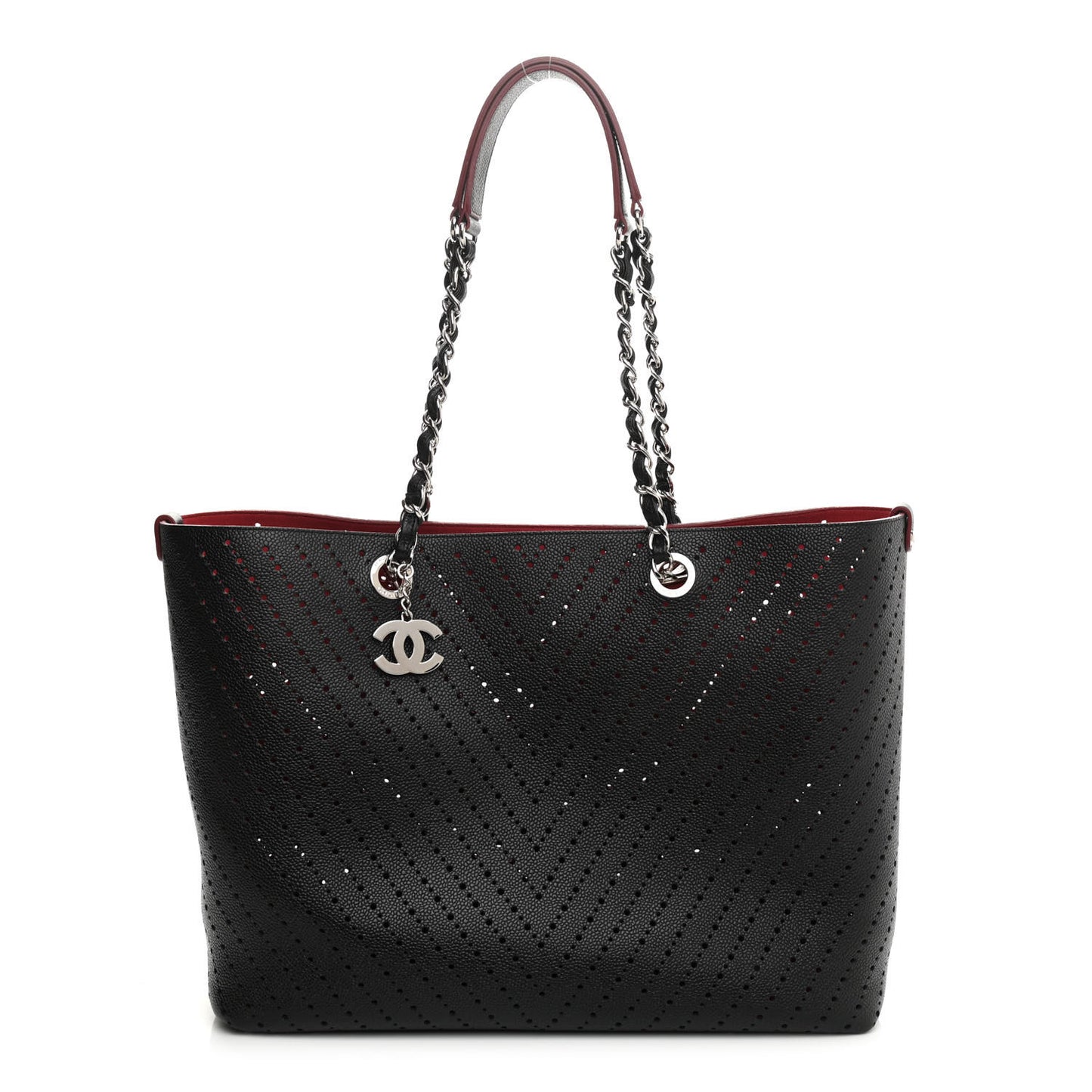 Perforated Grained Calfskin Small Shopping Tote Black