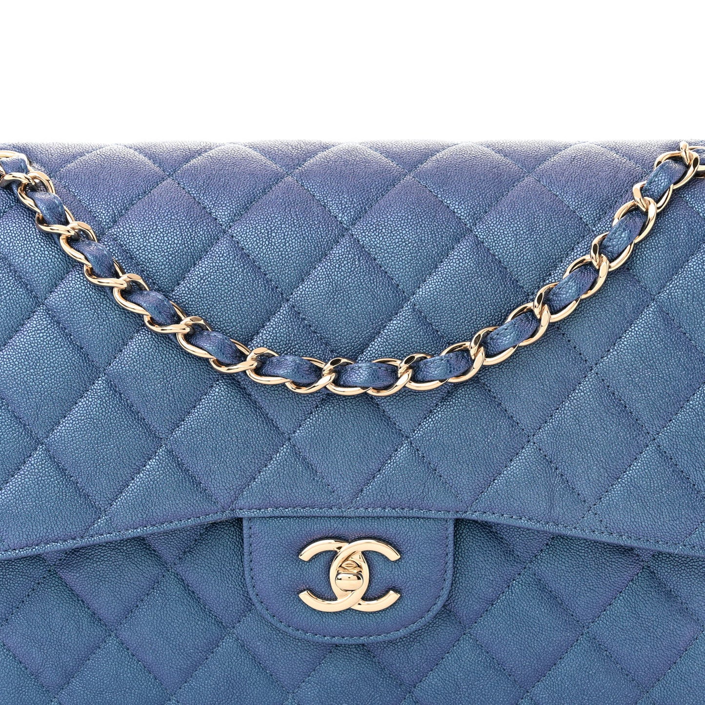 Iridescent Caviar Quilted Jumbo Double Flap Dark Blue