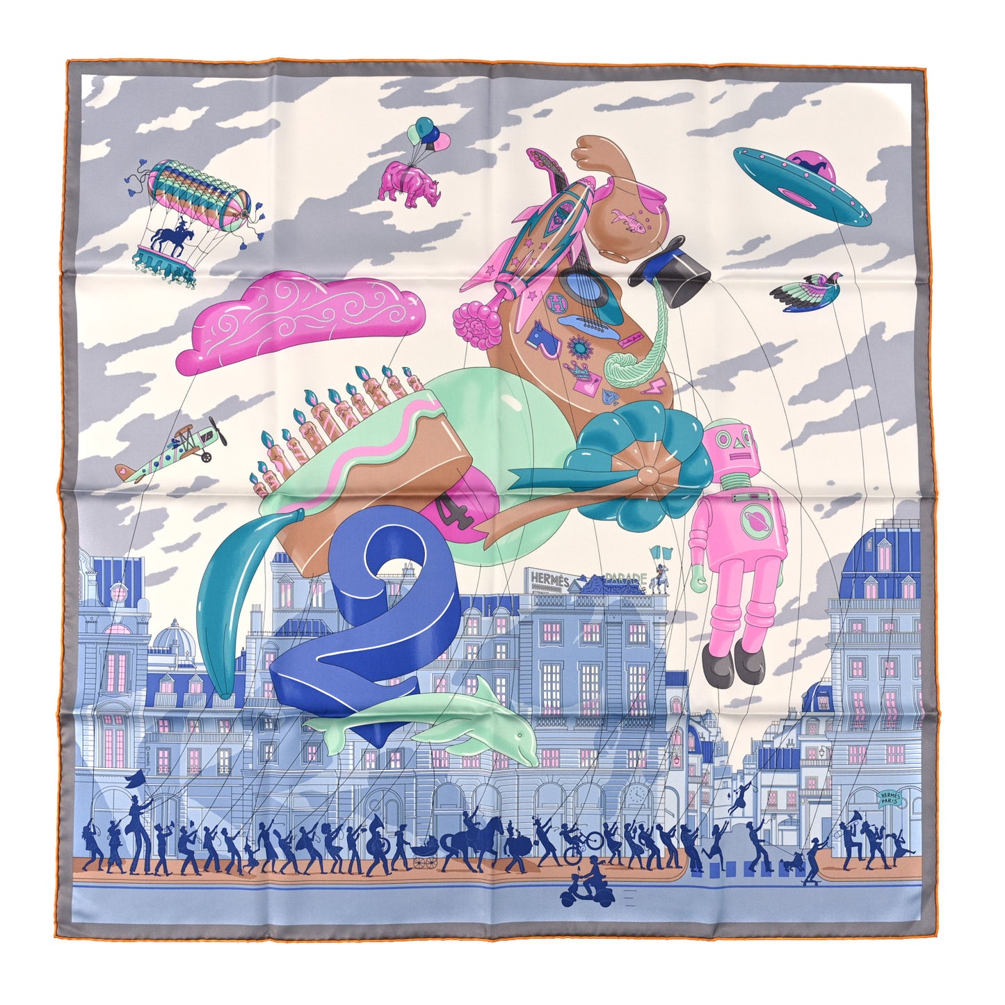 Silk Parade Scarf 90 White Bleu Rose