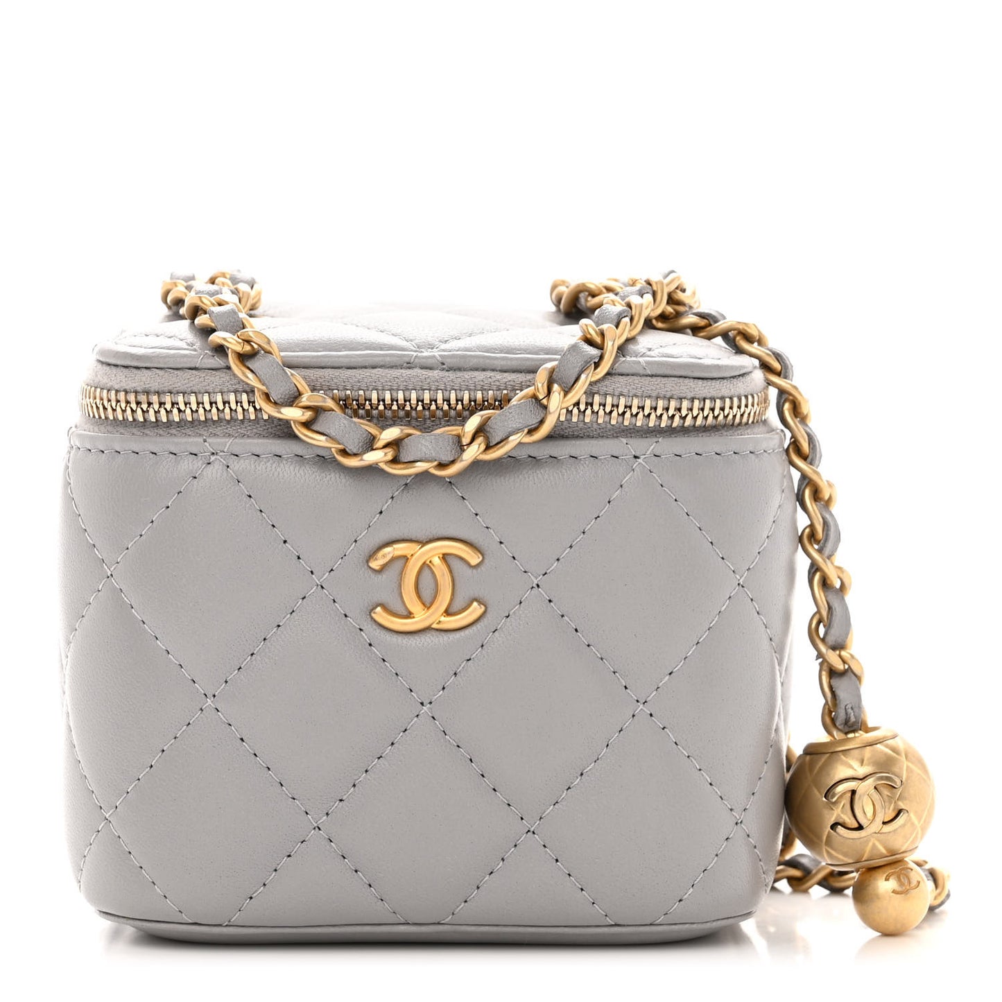 Lambskin Quilted Pearl Crush Mini Vanity Case With Chain Grey