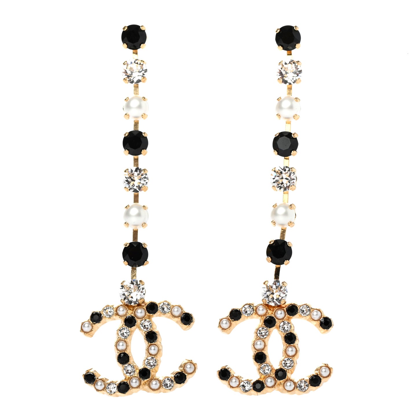 Resin Crystal Pearl CC Long Drop Earrings Gold Black