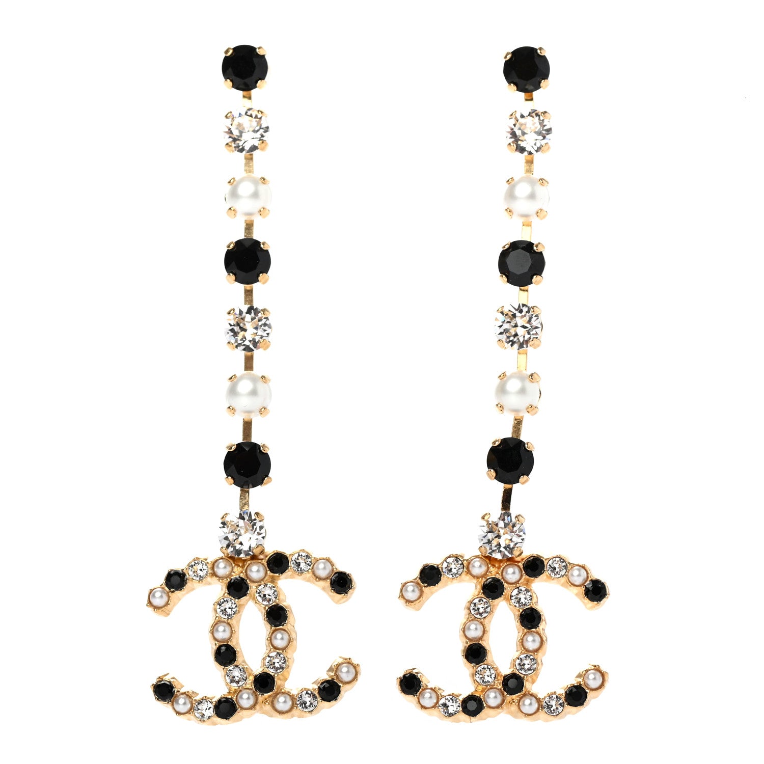 Chanel Resin Crystal Pearl CC Long Drop Earrings Gold Black 1 of 4