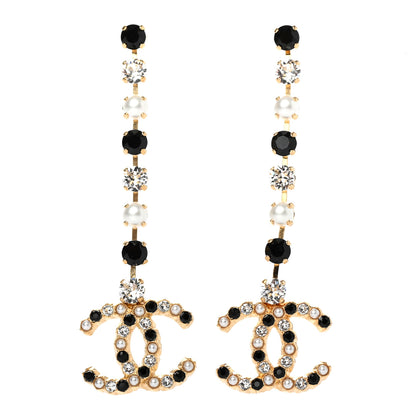 Chanel Resin Crystal Pearl CC Long Drop Earrings Gold Black 1 of 4