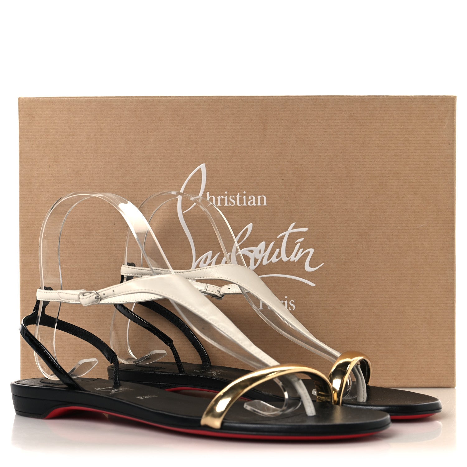 Christian Louboutin Nappa Patent Athinita Flat Sandals 37.5 White Gold Black 9 of 9