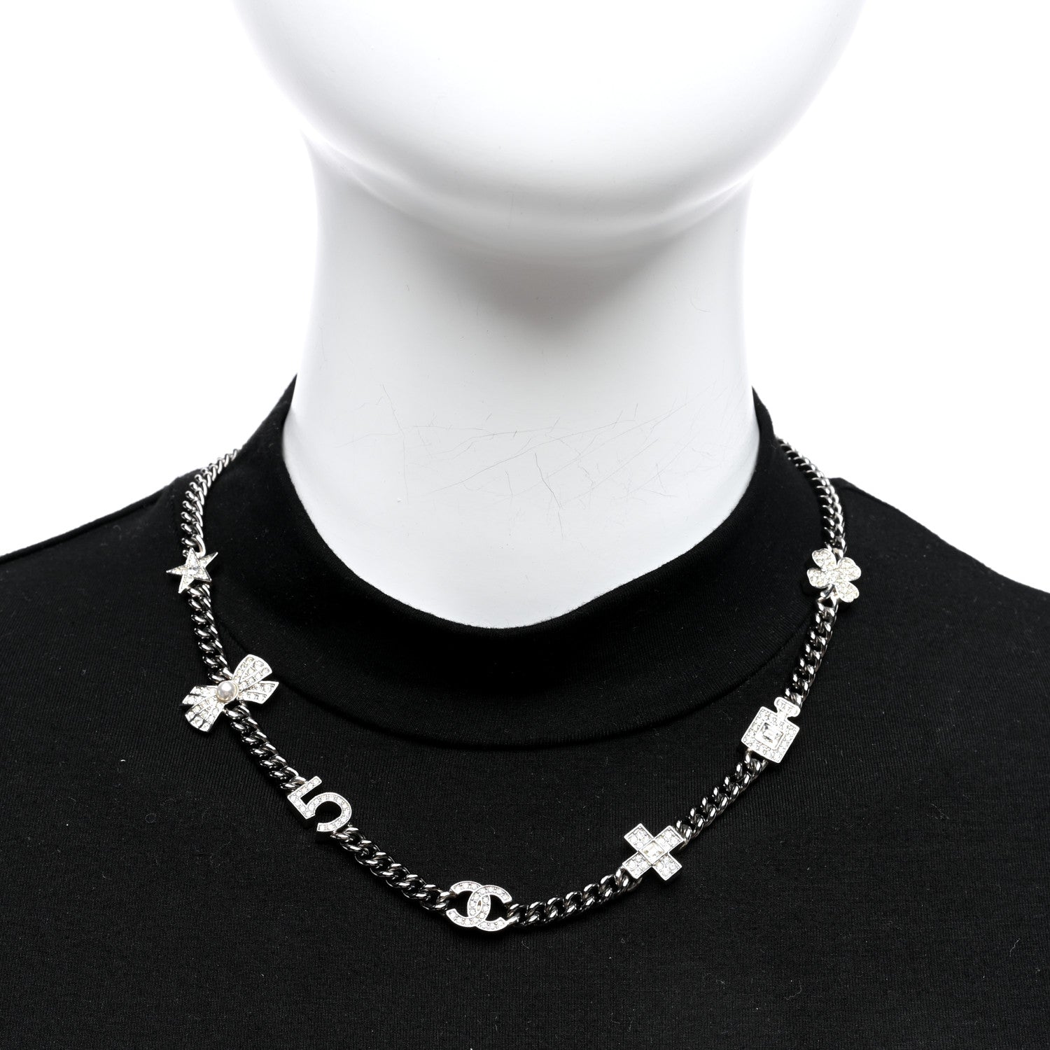Chanel Ruthenium Crystal Chain CC Lucky Charms Choker Silver 2 of 4