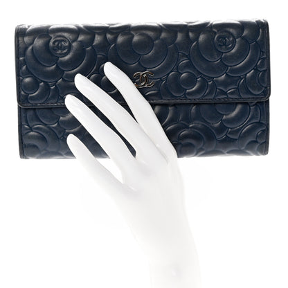 Chanel Lambskin Embossed Camellia Large Gusset Flap Wallet Navy 2 of 9