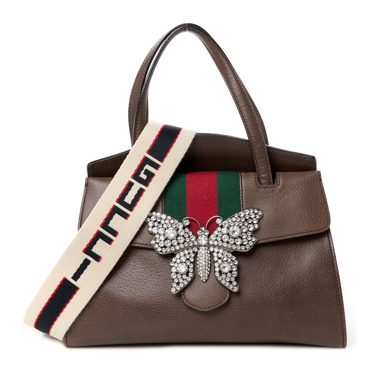 Textured Calfskin Web Crystal Butterfly Stripe Medium Totem Top Handle Bag New Acero