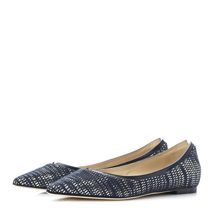 Jimmy Choo Metallic Fabric Kid Imogen Pointed Toe Flats 38 Navy Gold 3 of 9