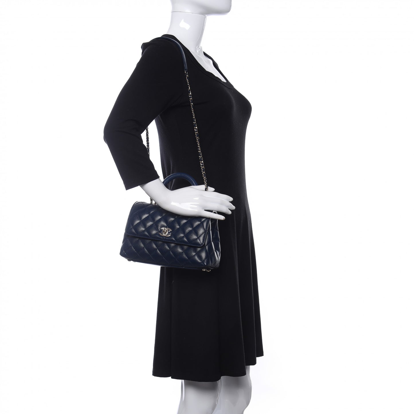 Caviar Quilted Lizard Embossed Mini Coco Handle Flap Navy Blue