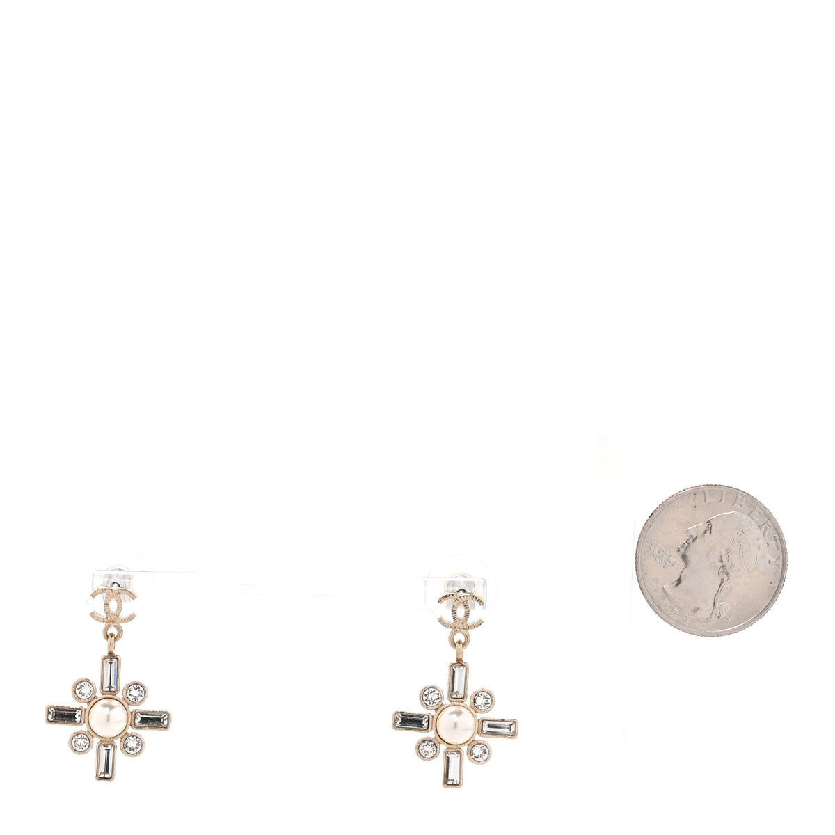 Crystal Baguette Pearl Sparkling Pearl CC Drop Earrings Light Gold
