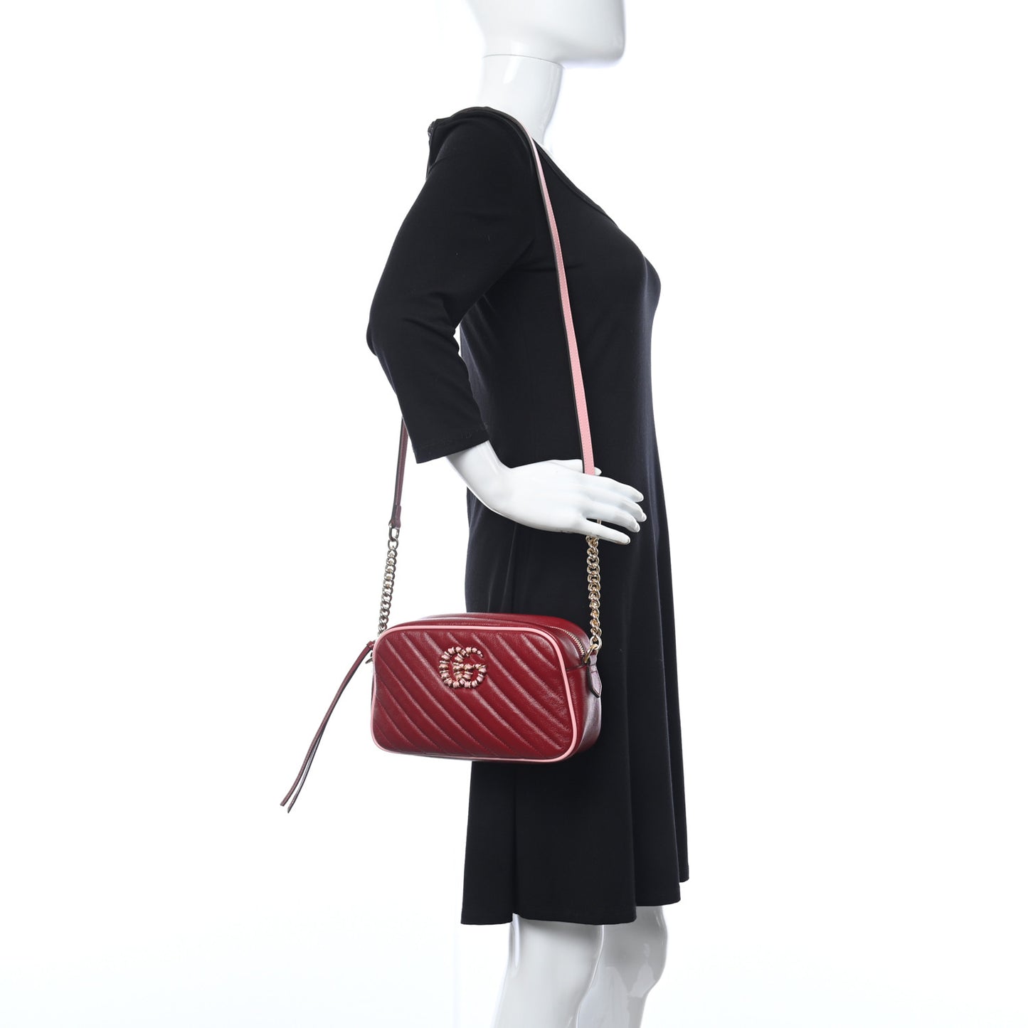 Azalea Calfskin Enamel Matelasse Diagonal Small Torchon GG Marmont Chain Shoulder Bag New Cherry Red Wild Rose